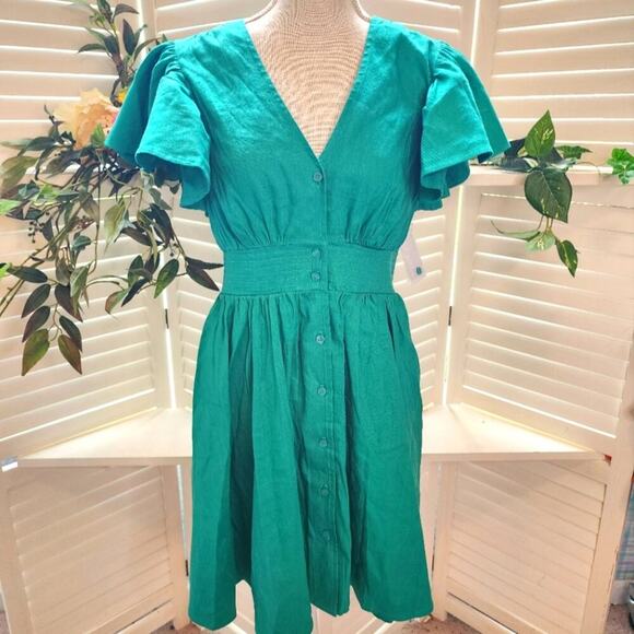 CHELSEA 28 RUFFLE SLEEBE BUTTON UP GREEN DRESS SIZE SMALL - Picture 1 of 12